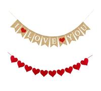 VALICLUD Lot de 2 Bannières à Tirer Saint-valentin en Toile de Jute, Guirlandes Décoratives Suspendues Rouge Texte je T'aime et Cœurs, Décorations de Fête pour Mariage et Demande en