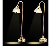 VALICLUD Lot de 2 Lampes Miniatures pour Maison de Poupée Lampes Décoratives Dorées Abat-Jour Floral Format 105 X 25 CM Éclairage à Piles Métal Plaqué 24K Verre et Plastique