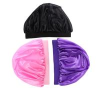 VALICLUD Lot De 3 Bonnets De Nuit Garçon Et Filles Élastiques En Satin, Bord Large, Taille Unique, Protection Cheveux, Confort Respirant Pour Sommeil Et Maison, Couleurs Violet, Noir, Rose