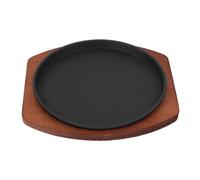 VALICLUD Plaque à Steak en Fonte Ronde avec Base en Bois, Surface Antiadhésive Facile à Nettoyer, pour Barbecue et Petites Réunions la Maison