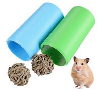 VALICLUD Tunnels pour Hamsters Flexibles en Plastique Léger - Kit de 4 Pièces avec 2 Tubes Bleus et 2 Boules D’Herbe Tressée à la Main - Jouets pour Cage à Hamster pour Cachette et Jeu