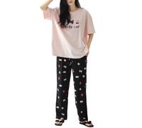 Valin Ensemble de Pyjama Ample Complet Antibactérien et Anti-acariens Coton Rose Femme Motif Chat Col Rond Haut de Pijama Manches Courtes&Pantalon,EU 38,3P3302