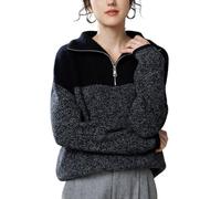 Valin Pull Cachemire Femme Col Demi-Zip Bicolore,Noir,M