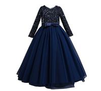 Valin Robe pour Filles Princesse Bleu foncé Manches 3/4 Robes de Bal Tulle Robe de Soirée de Mariage Enfants Paillettes 8-9 Ans,V318