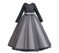 Valin Robe pour Filles Princesse Gris Manches 3/4 Robes de Bal Tulle Robe de Soirée de Mariage Enfants Paillettes 8-9 Ans,V318