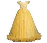 Valin Robe pour Filles Princesse Jaune sans Manche Robes de Bal Tulle Robe de Soirée de Mariage Enfants Dentelle 7-8 Ans,V833