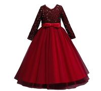 Valin Robe pour Filles Princesse Rouge Manches 3/4 Robes de Bal Tulle Robe de Soirée de Mariage Enfants Paillettes 6-7 Ans,V318