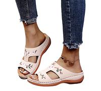 VALINK Sandales à fleurs brodées pour femme Sandales de marche en cuir à fleurs brodées vintage décontractées souples orthopédiques avec support de voûte plantaire, beige, 40 EU