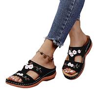 VALINK Sandales de marche en cuir brodées pour femme - Style vintage décontracté - Semelle souple - Soutien de la voûte plantaire