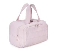 VALINK Trousse de maquillage de voyage de grande capacité, trousse de toilette de voyage à fermeture éclair avec poignée et séparateur, trousse de maquillage plate pour femme, Gris rose.