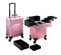 Valise À Maquillage Valise de Maquillage à roulettes, Grand Format, Chariot cosmétique 4 Plateaux avec Rail Coulissant Amovible et clé pour Voyage Coiffeur(Pink)