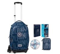 Valise à roulettes avec sac à dos scolaire détachable Napoli rond bleu primaire secondaire et mini ballon + trousse 3 étages complet de papeterie + agenda standard 18 x 14 cm + gourde + porte-clés