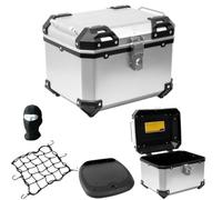 Valise coffre 52 l couleur aluminium + plaque + filet pour porte-bagages moto scooter pour 2 casques jet / intégral / modulaire universel compatible avec Y-AMAHA XVZ 1300 TF VENTURE STAR