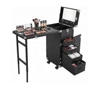 Valise cosmétique à roulettes 2 en 1 - Station de maquillage mobile - Table à ongles - Valise de tatouage - 4 tiroirs - Serrure à combinaison - Établi pour débutants et professionnels en voyage et à