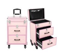 Valise de Maquillage 3 en 1 Mallette Maquillage Professionnelle Beauty Case pour Voyage Pivote à 360° 4 roulettes Cadre Aluminium Poignée Télescopique Serrures 57x36x23cm Rose