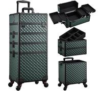 Valise de Maquillage 4-en-1 XXL Grande Capacité, Cadre Aluminium Mallette Cosmétique Verrouillable à roulettes 360°, pour Coiffure, Onglerie, Vert foncé