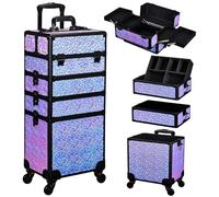 Valise de Maquillage 4-en-1 XXL Grande Capacité, Cadre Aluminium Mallette Cosmétique Verrouillable à roulettes 360°, pour Coiffure, Onglerie, Violet Dégradé