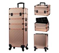 Valise de Maquillage 4-en-1 XXL Grande Capacité, Cadre Aluminium Mallette Cosmétique Verrouillable à roulettes 360°, pour Coiffure, Onglerie, Or Rose