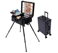 Valise de maquillage à roulettes avec lumière LED et miroir, multifonctionnelle, avec roulettes, hauteur réglable et verrouillable, pour les voyages, noire