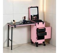 Valise de maquillage à roulettes, table de manucure portable pour prothésiste ongulaire, table de manucure mobile avec poignée et miroir LED, poste de travail pour salon de beauté (rose)