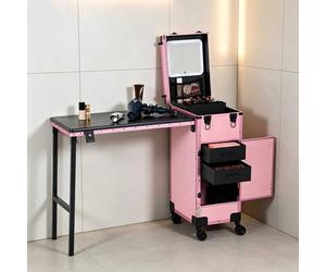 Valise de maquillage à roulettes, table de manucure portable pour prothésiste ongulaire, table de manucure mobile avec poignée et miroir LED, poste de travail pour salon de beauté (rose)