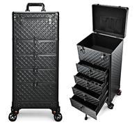 Valise de Maquillage avec 4 tiroirs Malette Maquillage Professionnel pour Salon de beauté Malette onglerie Grand Valise Coiffeur avec Roues verrouillables, Cuir Noir