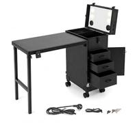 Valise de maquillage avec table pliante, coiffeuse à roulettes | Table de manucure pliable avec 3 tiroirs, miroir LED et clés, mallette multifonction pour cosmétiques, coiffeur