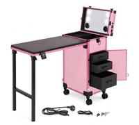 Valise de maquillage avec table pliante, coiffeuse à roulettes | Table de manucure pliable avec 3 tiroirs, miroir LED et clés, mallette multifonction pour cosmétiques, coiffeur