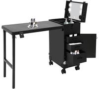Valise de Maquillage Professionnel avec Table,Pliable Valise Coiffure avec Lampe et Roues,Dimmable 3500-6500K,pour Maquilleurs, Coiffeurs, Esthéticiennes (Noir)