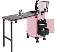 Valise de Maquillage Professionnel avec Table,Pliable Valise Coiffure avec Lampe et Roues,Dimmable 3500-6500K,pour Maquilleurs, Coiffeurs, Esthéticiennes (Rose)