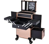 Valise de Maquillage Professionnelle à Roues, Mallette de Manucure et Coiffure avec Miroir, Tiroir Coulissant, Poignée Télescopique, Roues 360° avec Frein, Organisateur de Beauté pour Salon, Or Rose