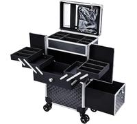 Valise de Maquillage Professionnelle à Roues, Mallette de Manucure et Coiffure avec Miroir, Tiroir Coulissant, Poignée Télescopique, Roues 360° avec Frein, Organisateur de Beauté pour Salon, Noir