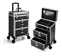 Valise de Maquillage Professionnelle à roulettes 360°, Mallette Manucure Coiffure 2 Tiroirs, Aluminium Renforcé Serrure Sécurité, Noir