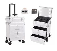 Valise de maquillage roulante avec lumière LED, rangement beauté avec tiroirs, poignée rétractable et roulettes universelles à 360°, Silver-a., 37x27x67cm
