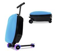 Valise de trottinette 2 en 1 pour enfants, bagage à roulettes 2 en 1 pour garçons et filles de 4 à 15 ans, valise de voyage pliable à coque rigide légère pour avion, Bleu clair avec LED, Length: 35.6