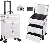 Valise De Voyage à roulettes avec éclairage LED, Mallette De Maquillage à roulettes, Trousse De Rangement Beauté, avec Tiroirs, Poignée Rétractable Et roulettes Universel, Silver-a, 37x27x67cm
