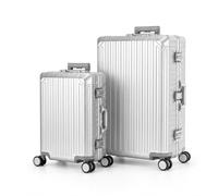 Valise de voyage en aluminium avec coque rigide, trolley à 4 roulettes, poignée télescopique, TSA, argenté, Ensemble de bagages à main et de grande valise XL