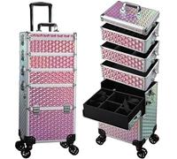 Valise Maquillage 5 en 1 Malette Maquillage Professionnelle sur roulettes Malette Onglerie Aluminium Valise Coiffure Trolley Maquillage Valise Esthetique, Rose