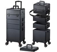 Valise Maquillage 5 en 1 Malette Maquillage Valise Onglerie Professionnel Malette Coiffure a Roulette Trolley Esthetique pour maquilleurs, coiffeurs, manucures, Noir
