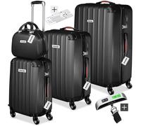 tectake® Set de Valises de Voyage, Coque Rigide en ABS, 3 Tailles M-L-XL + Vanity Case, roulettes Pivotantes à 360°, Serrure TSA, Poignée télescopique, Pèse-Bagage et étiquettes Inclus - Noir