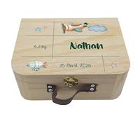 Valisette en Bois Personnalisée - Valisette Naissance personnalisable pour Bébé - Souvenir de Naissance - Boite souvenir de naissance - 23x17x9 cm (Avion)