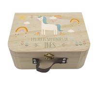 Valisette naissance personnalisée licorne - Boîte souvenirs bébé en bois - Cadeau naissance personnalisé - Coffret mémoire avec prénom (Licorne Arc en Ciel)