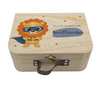 Valisette naissance personnalisée lion super héros - Boîte souvenirs bébé en bois - Cadeau naissance personnalisé fille garçon - Coffret mémoire avec prénom