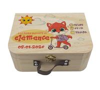 Valisette naissance personnalisée renard trottinette - Boîte souvenirs bébé en bois - Cadeau naissance personnalisé fille garçon - Coffret mémoire avec prénom