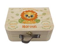 Valisette Souvenir de Naissance en Bois Personnalisable, Motif Lion, Coffret Mémoire pour Bébé (Lion Jungle)