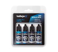 Vallejo Peinture Métallique Vraie Métallique Bleu Saphir, Set de 4 Couleurs pour Métaux, Inclut BASE, LIGHT, SHADE et AIRBRUSH, Système BSL, Résultats Consistants.