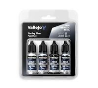 Vallejo True Metallic Metal Set Peinture Acrylique Argent Massif, 4 x 18 ml avec Compte-Gouttes pour Aérographe et Pinceau, Modélisme et Figurines
