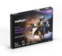 Vallejo True Metallic Metal Starter Set - Set de démarrage peinture métallisée pour miniatures - 12 couleurs de 18 ml + pinceau + miniature exclusive