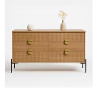 CONCEPT USINE | Commode 6 Vallo Tiroirs Bois Chêne Clair & Poignées Dorées | Design Bas et Allongé | Pieds Métal Noir 15 cm | Façades Rainurées Élégantes | 124x75x40 cm | Rangement Chambre ou Salon