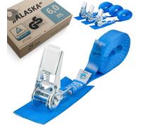 valonic Alaska, 4X 6m Sangle d'arrimage avec cliquet, 25mm, 800 Kg, rembourrée, Certifié TÜV Rheinl. / GS, en 12195-2 - Sangles de Serrage pour Moto et remorque, Bleu